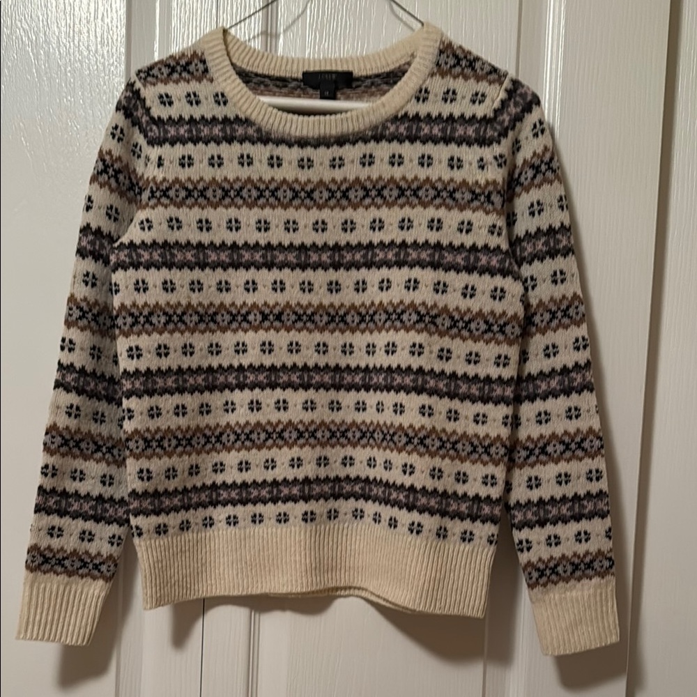 J. Crew Cream and Brown Fair Isle Crew Neck Sweater